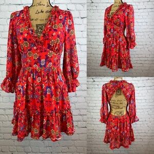 Flying Tomato Red Floral Print Open Back Mini Dress